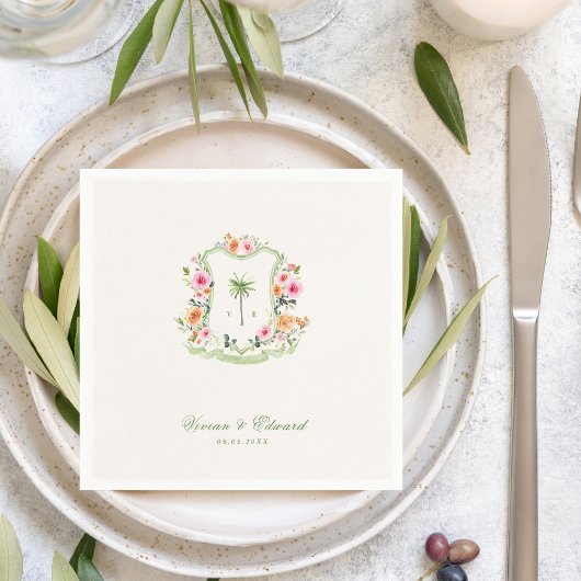 Tropical Palm Tree Wappen Monogram Summer Wedding Serviette