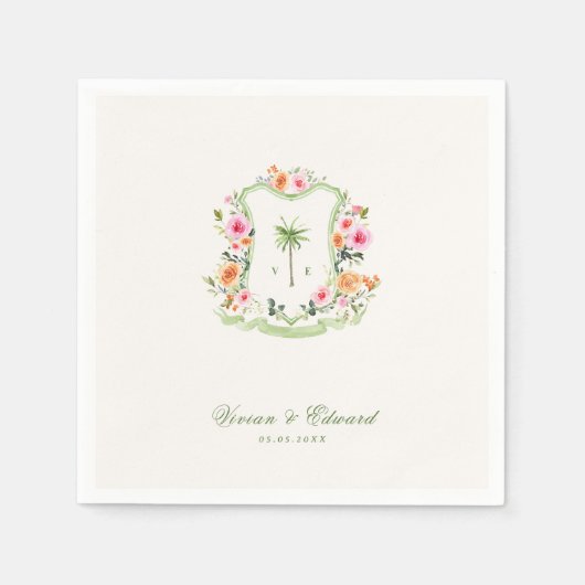 Tropical Palm Tree Wappen Monogram Summer Wedding Serviette (Vorderseite)