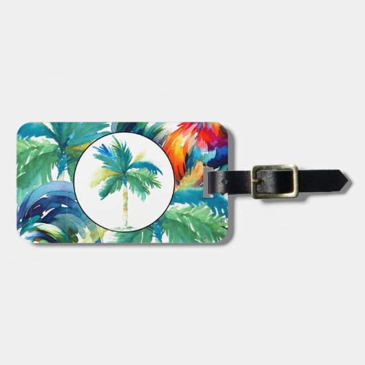 Tropical Palm Tree Wasserfarbe Mit Monogramm Gepäckanhänger (Vorderseite horizontal)