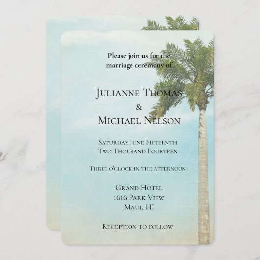 Tropical Palm Tree Wedding Einladung (Vorne/Hinten)