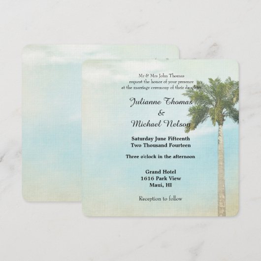 Tropical Palm Tree Wedding Einladung (Vorne/Hinten)