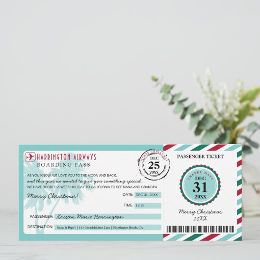 Tropical Palm Tree Weihnachtsgeschenk Boarding Pas Einladung (Stehend Vorderseite)