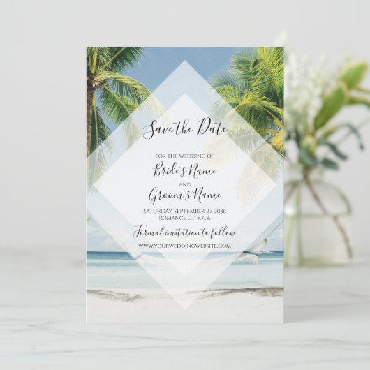 Tropical Palm Trees Beach Hochzeit Save the Date (Stehend Vorderseite)