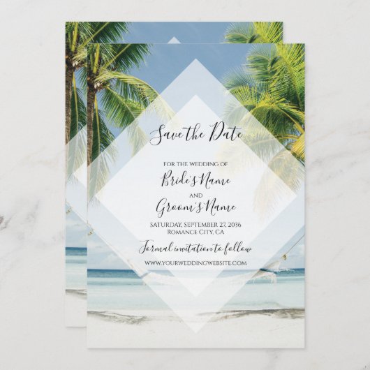 Tropical Palm Trees Beach Hochzeit Save the Date (Vorne/Hinten)