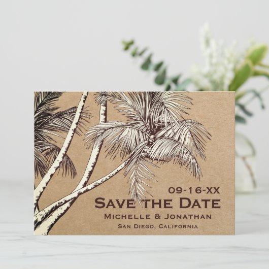 Tropical Palm Trees Beach Hochzeit Save The Date (Stehend Vorderseite)