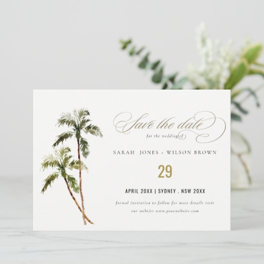 Tropical Palm Trees Beach Sand Wasserfarbe Save The Date (Stehend Vorderseite)