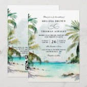 Tropical Palm Trees Beach Scene QR Code Wedding Einladung (Vorne/Hinten)