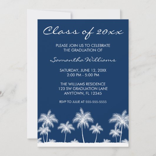 Tropical Palm Trees Blue Graduation Party Einladung (Vorderseite)