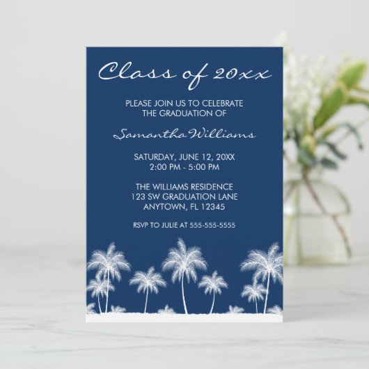 Tropical Palm Trees Blue Graduation Party Einladung (Stehend Vorderseite)