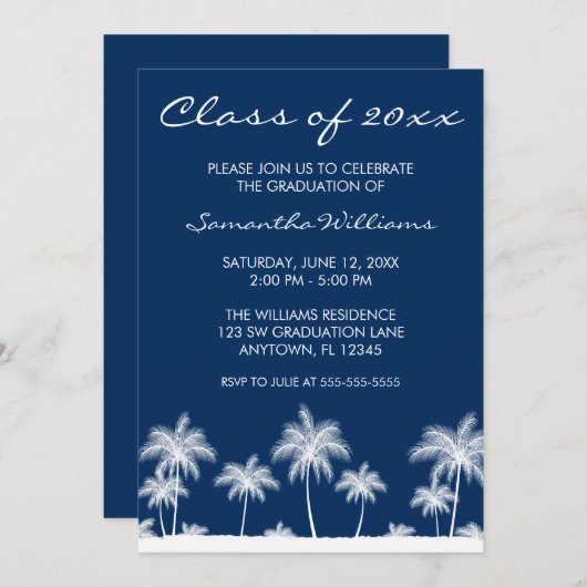 Tropical Palm Trees Blue Graduation Party Einladung (Vorne/Hinten)