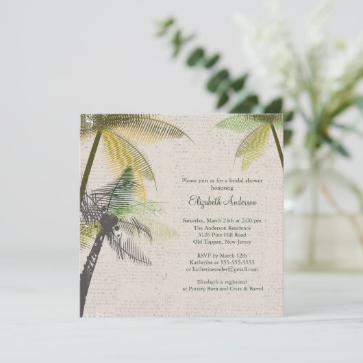 Tropical Palm Trees Bridal Dusche Einladung (Stehend Vorderseite)