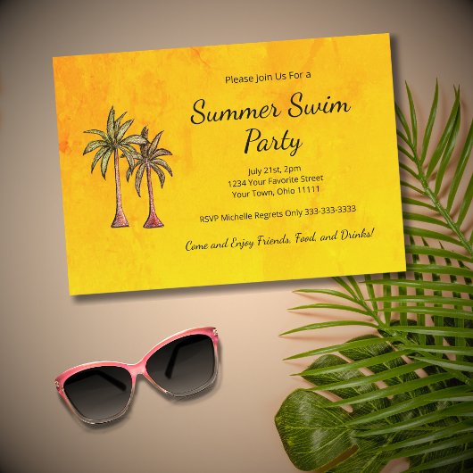 Tropical Palm Trees Bright Gold Summer Swim Party Einladung