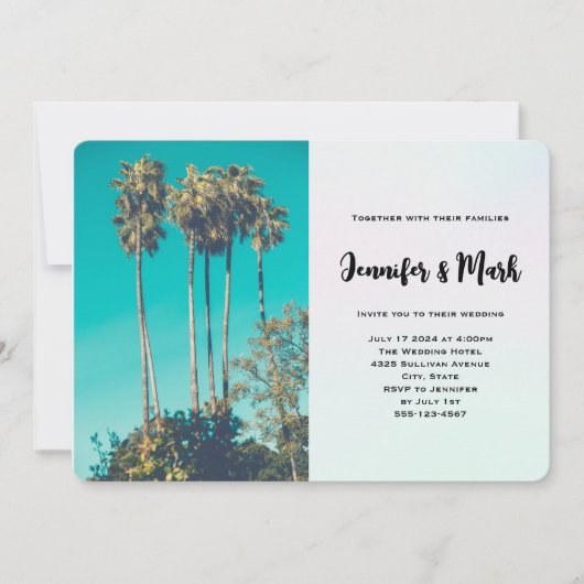 Tropical Palm Trees California Retro Wedding Einladung (Vorderseite)