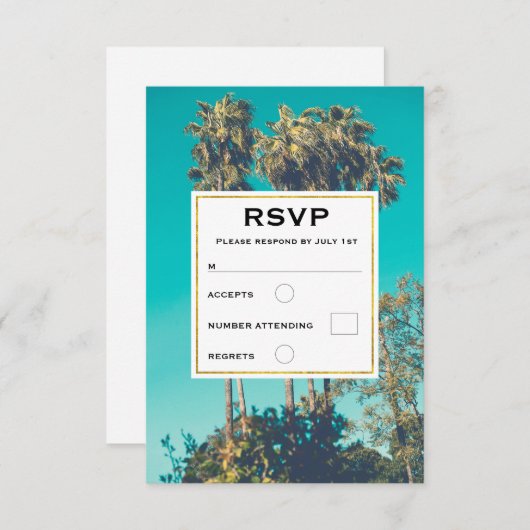 Tropical Palm Trees California Retro Wedding RSVP Karte (Vorne/Hinten)