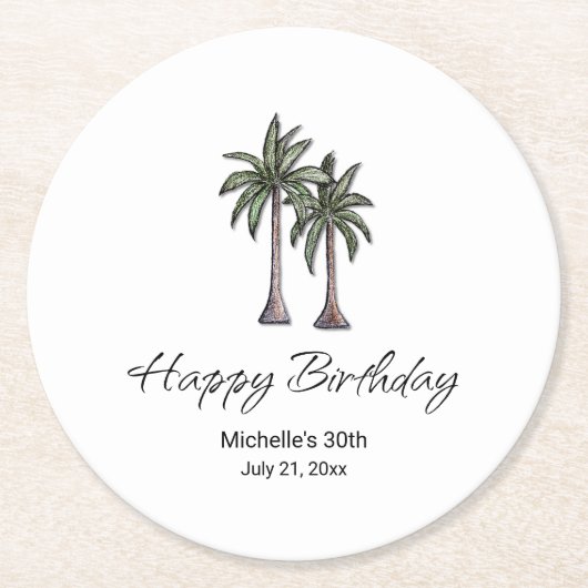 Tropical Palm Trees Elegant 30th Birthday Party Runder Pappuntersetzer (Vorderseite)