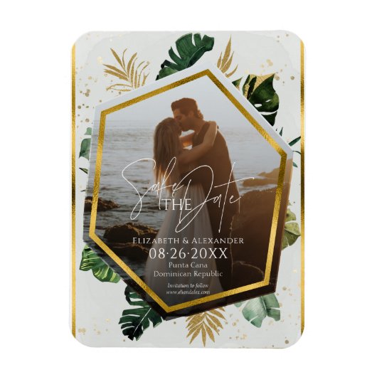 Tropical Palm Trees Foto Gilded Save the Date Magnet (Vertikal)