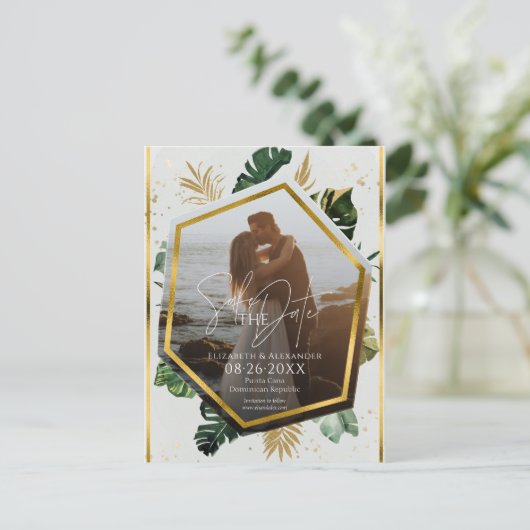 Tropical Palm Trees Foto Gilded Save the Date Postkarte (Stehend Vorderseite)