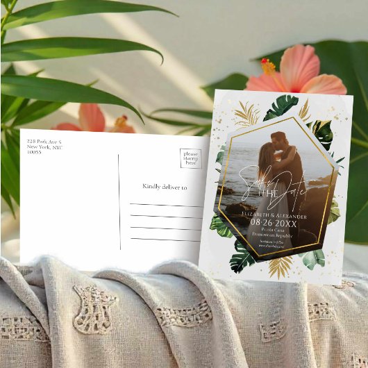 Tropical Palm Trees Foto Gilded Save the Date Postkarte