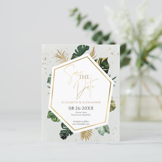 Tropical Palm Trees Gilded Script Save the Date (Stehend Vorderseite)