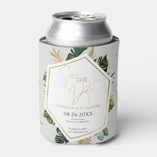 Tropical Palm Trees Gilded Script Save the Date Dosenkühler (Kanne Vorderseite)