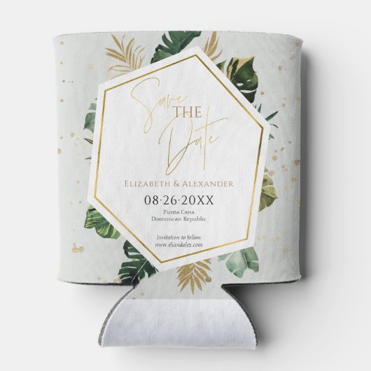 Tropical Palm Trees Gilded Script Save the Date Dosenkühler (Rückseite)