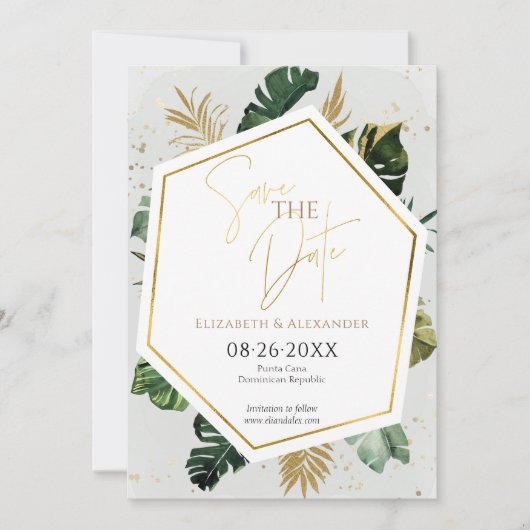Tropical Palm Trees Gilded Script Save the Date Einladung (Vorderseite)