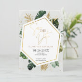 Tropical Palm Trees Gilded Script Save the Date Einladung (Stehend Vorderseite)