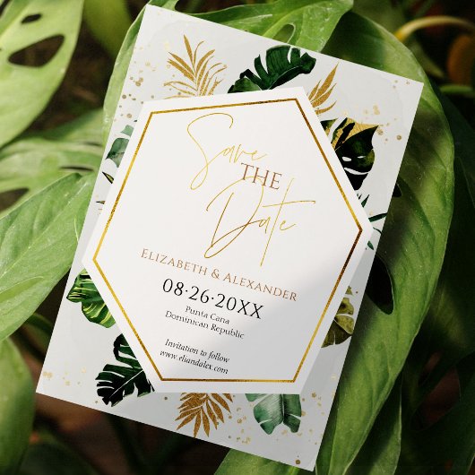 Tropical Palm Trees Gilded Script Save the Date Einladung