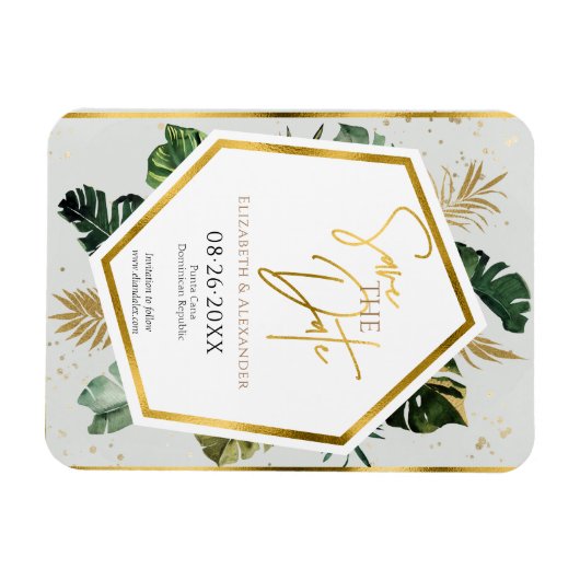 Tropical Palm Trees Gilded Script Save the Date Magnet (Horizontal)