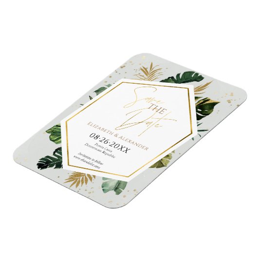 Tropical Palm Trees Gilded Script Save the Date Magnet (Linke Seite)