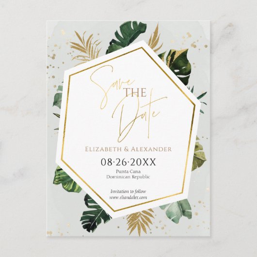 Tropical Palm Trees Gilded Script Save the Date Postkarte (Vorderseite)