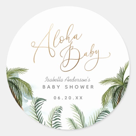 Tropical Palm Trees Gold Script Aloha Baby Dusche Runder Aufkleber (Vorderseite)