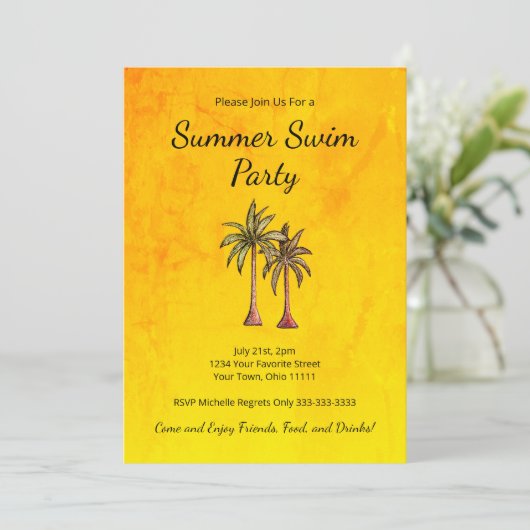 Tropical Palm Trees Gold Sommer Swim Pool Party Einladung (Stehend Vorderseite)