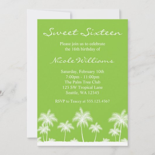 Tropical Palm Trees Green Sweet 16 Einladung (Vorderseite)