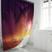Tropical Palm Trees Lila Sunset Family Monogram Duschvorhang