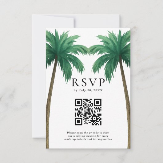 Tropical Palm Trees Minimal Beach Wedding QR Code RSVP Karte (Vorderseite)