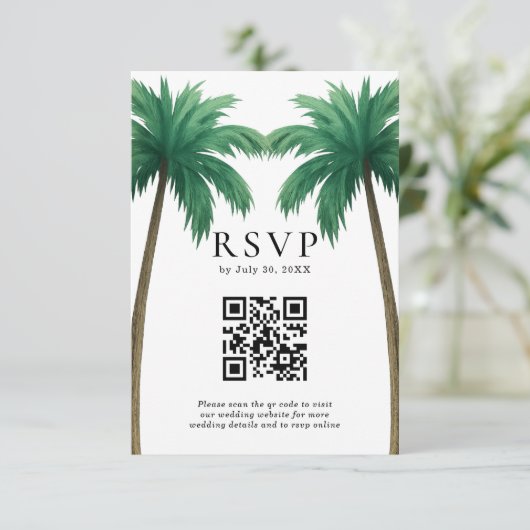 Tropical Palm Trees Minimal Beach Wedding QR Code RSVP Karte (Stehend Vorderseite)