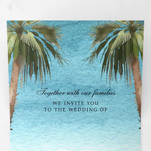 Tropical Palm Trees Modern Beach QR Code Hochzeit Dreifach Gefaltete Einladung (Innen Erste Seite)