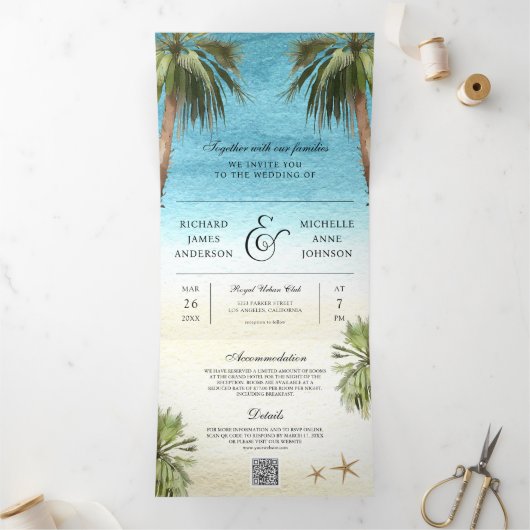 Tropical Palm Trees Modern Beach QR Code Hochzeit Dreifach Gefaltete Einladung (Innenseite)