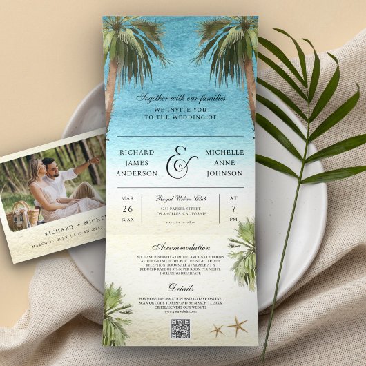Tropical Palm Trees Modern Beach QR Code Hochzeit Dreifach Gefaltete Einladung