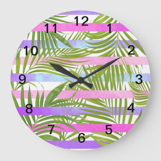 Tropical palm trees modern pink violet stripes große wanduhr (Vorderseite)