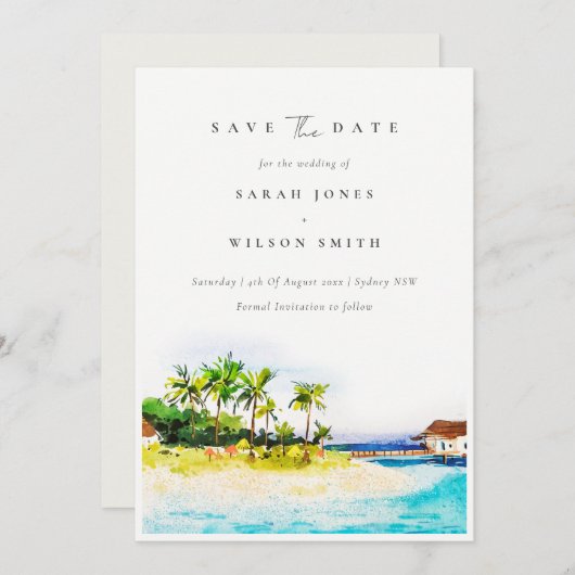 Tropical Palm Trees Seascape Beach Wasserfarbe Save The Date (Vorne/Hinten)