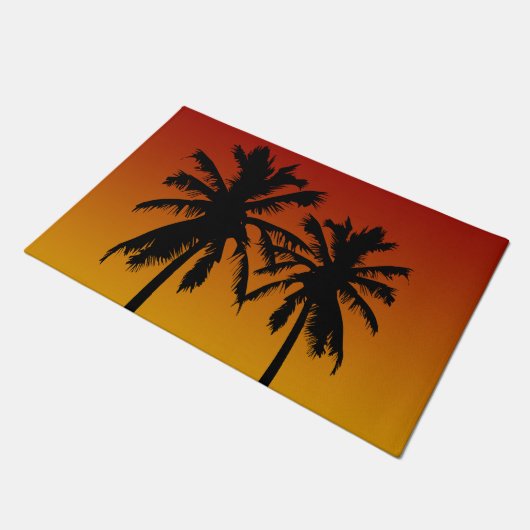 Tropical Palm Trees Silhouette Roter Orange Sonnen Fußmatte (Schrägansicht)