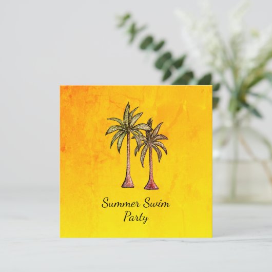 Tropical Palm Trees Summer Gold Swim Pool Party Einladung (Stehend Vorderseite)