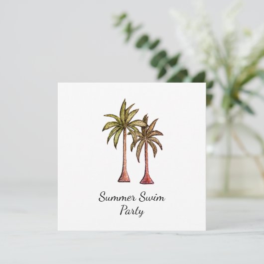 Tropical Palm Trees Summer Gold Swim Pool Party Einladung (Stehend Vorderseite)