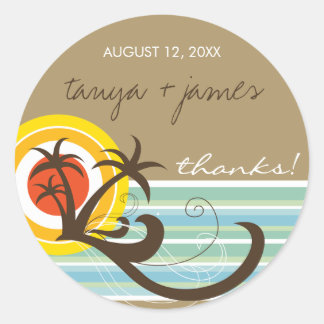 Tropical Palm Trees Sunset Beach Hochzeitsticker Runder Aufkleber