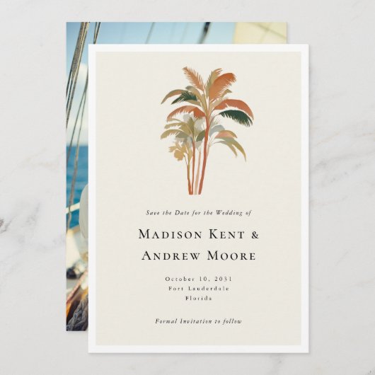 Tropical Palm Trees Watercolor Foto Hochzeit Save The Date (Vorne/Hinten)