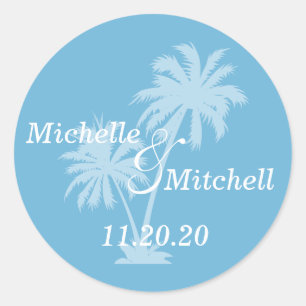 Tropical Palm Trees Wedding Labels (Sky Blue) Runder Aufkleber