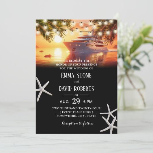 Tropical Palm Trees & Yacht Sunset Beach Wedding Einladung (Stehend Vorderseite)