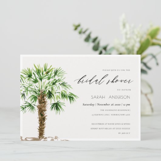 Tropical Palm Watercolor Brautparty laden ein Dankeskarte (Stehend Vorderseite)